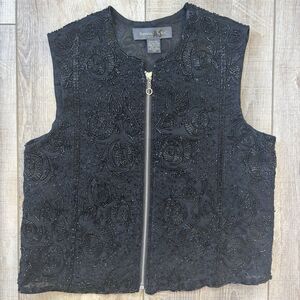 Banana Republic Vest Womens Size XS Beaded Black Sheer Glam Mob Wife Maximalist